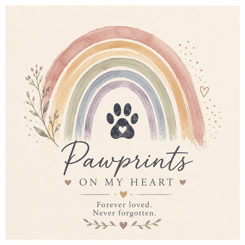 Pawprints on My Heart pet loss artwork featuring a rainbow, paw print, and memorial message about grief, healing, remembrance, and unconditional love