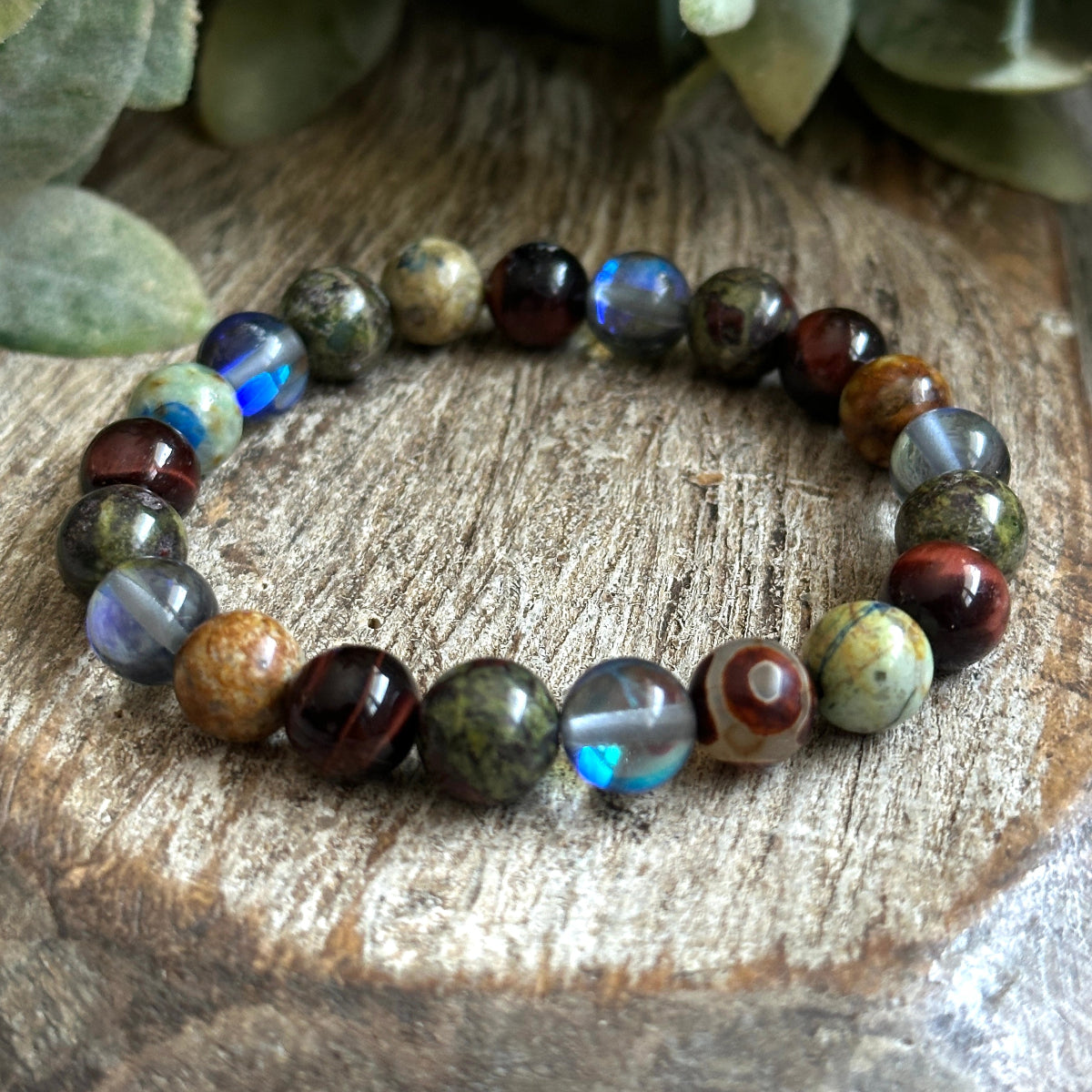 Handcrafted gemstone bracelet with Red Tigers Eye, Bloodstone, Chrysocolla and black aura quartz for strength, balance and protection