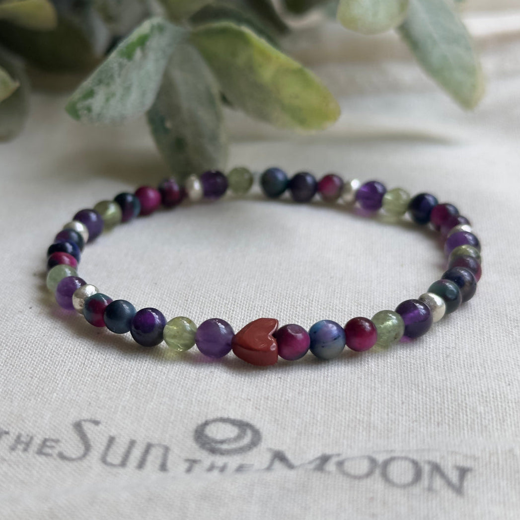 Brave Heart gemstone bracelet with Red Jasper heart bead, Peacock Tiger’s Eye, Green Apatite and Amethyst 4mm beads