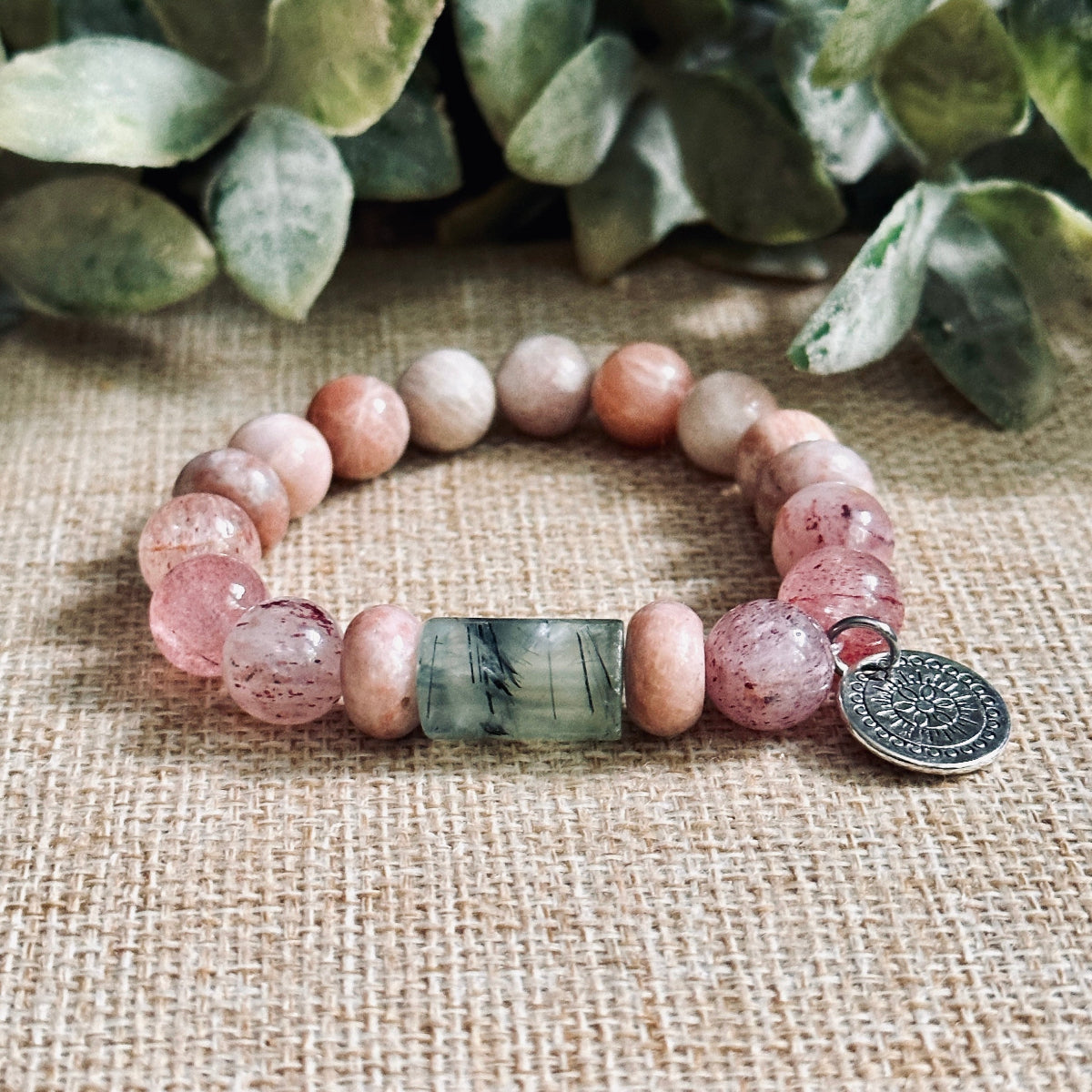 Prehnite, Strawberry Quartz, Plum Jasper,  Sunstone Bracelet