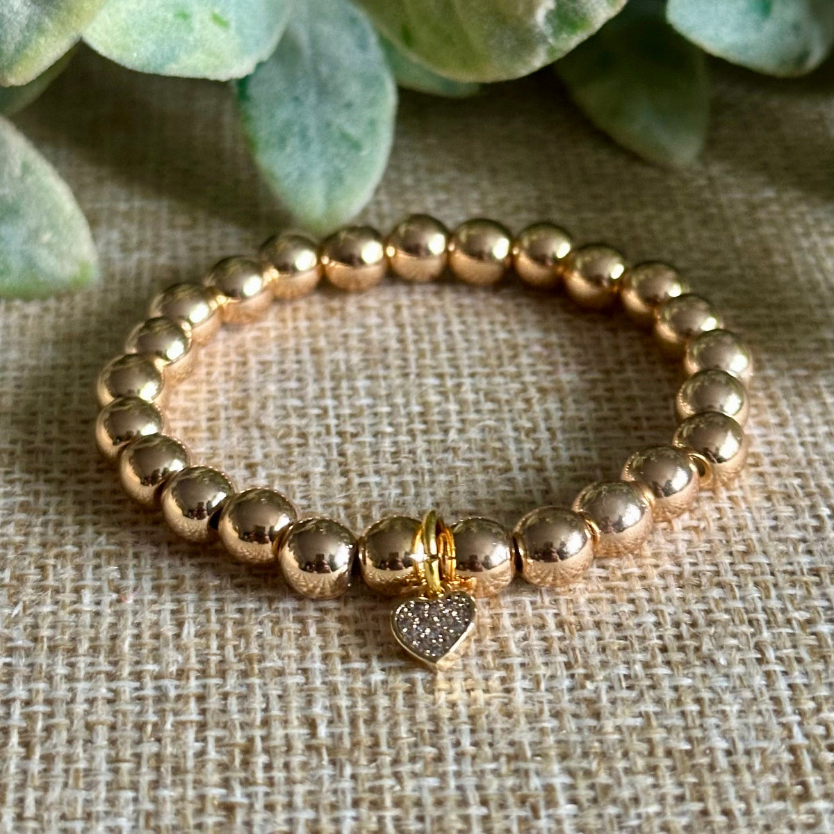 Gold Hematite Childrens Bracelet, gold heart pave