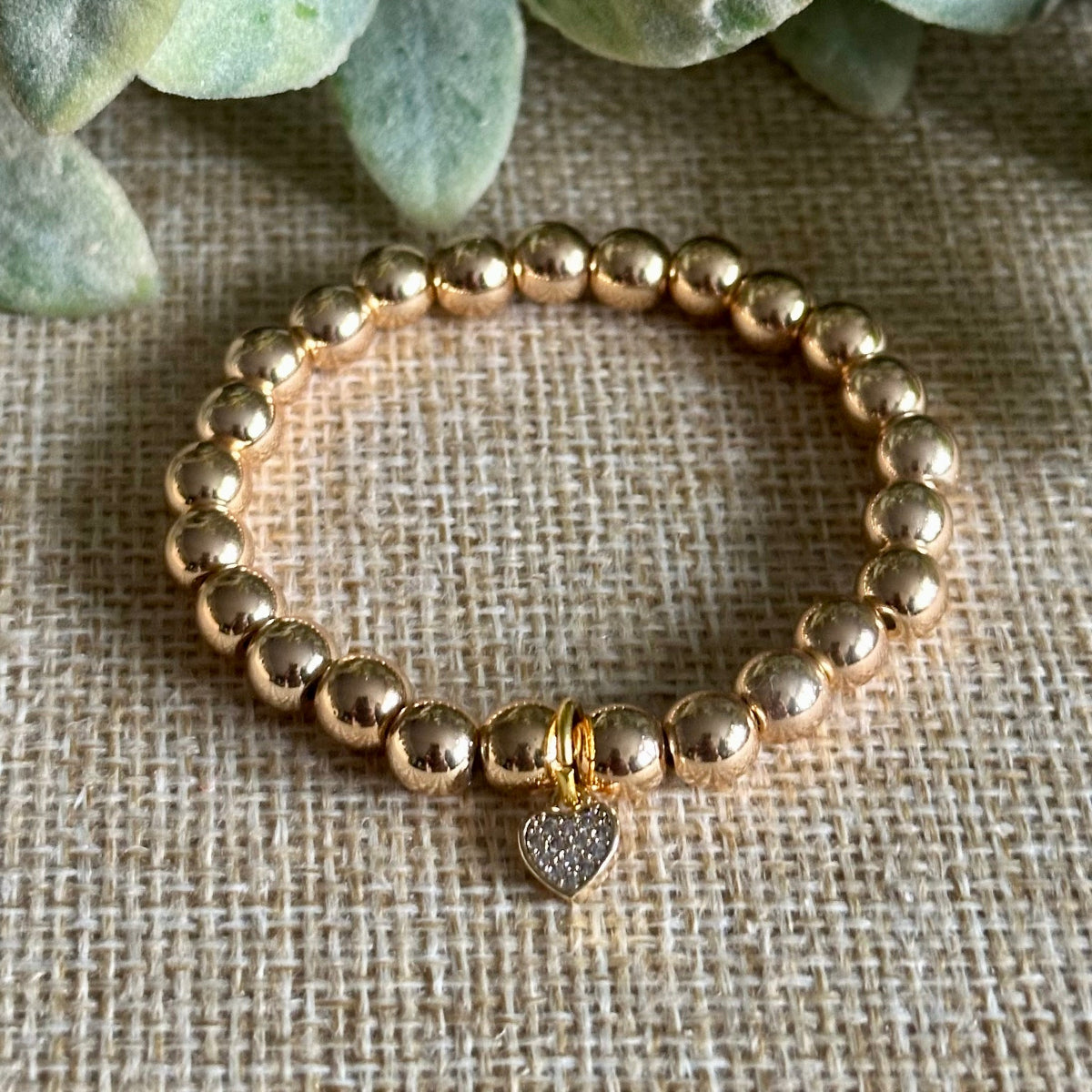 Gold Hematite Childrens Bracelet, gold heart pave