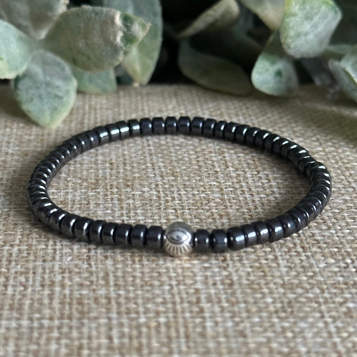 Tiny Hematite Evil Eye Bracelet 4mm Heishi Stones, Hematite Protection Bracelet With Silver Evil Eye. Men, women, children, unisex