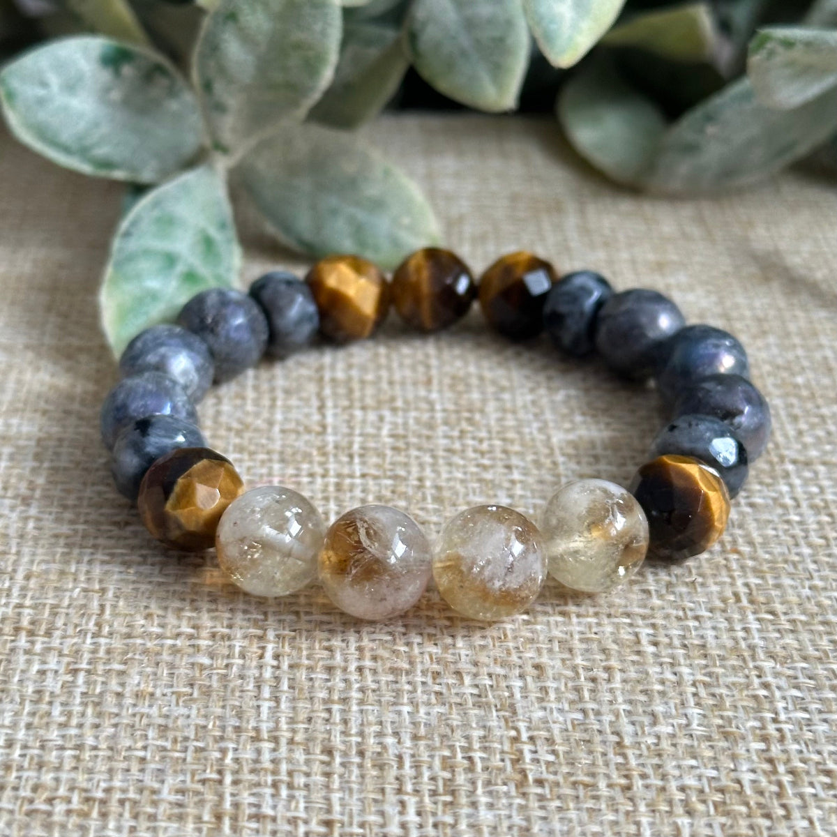 Motivation bracelet made with citrine tiger’s eye larvikite stones