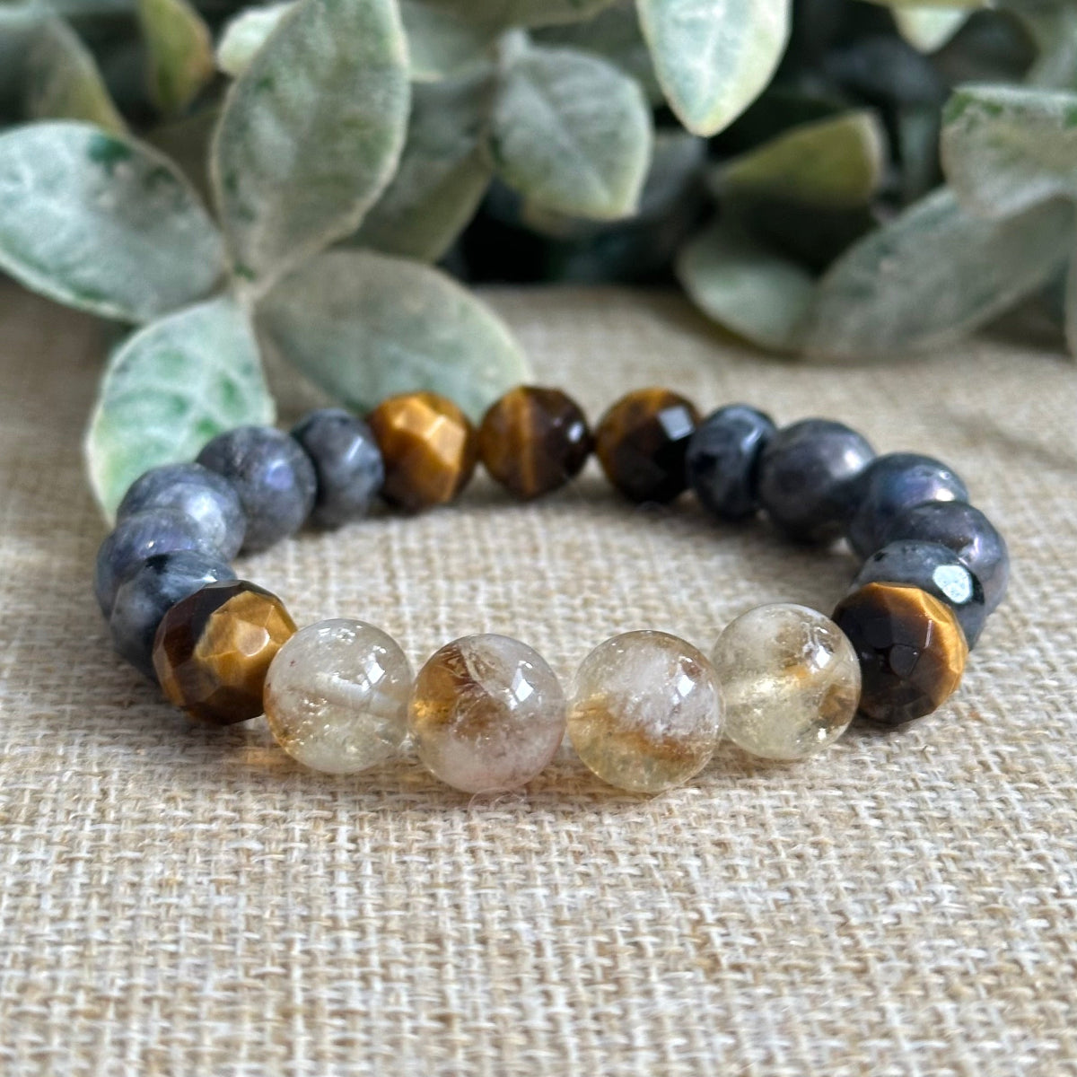 Initiative crystal bracelet with citrine tiger’s eye larvikite for confidence and action