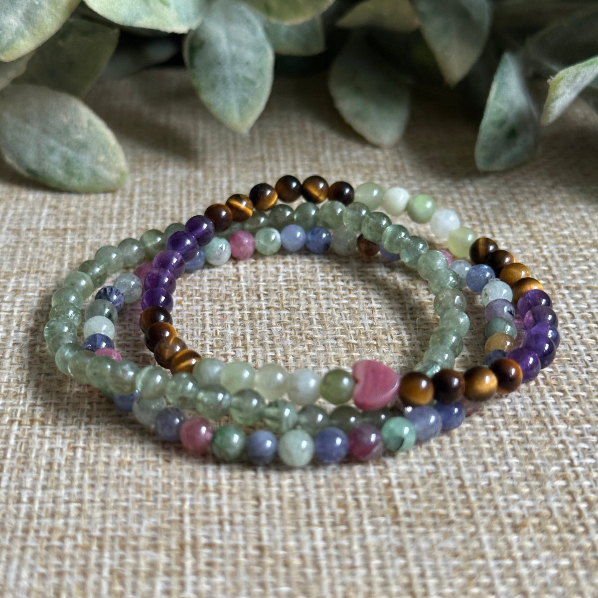 Crystals for Love. TIny gemstone bracelet.  Heart and Love Bracelet Stack