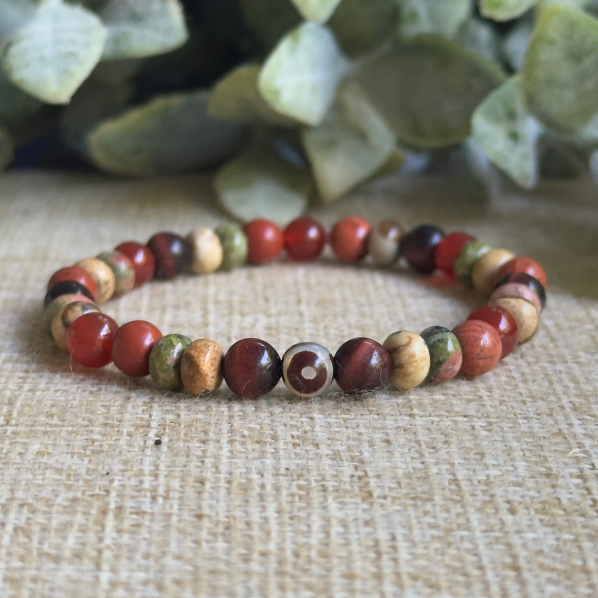 Close-up of 6mm gemstone bracelet with Red Carnelian and Jasper beads