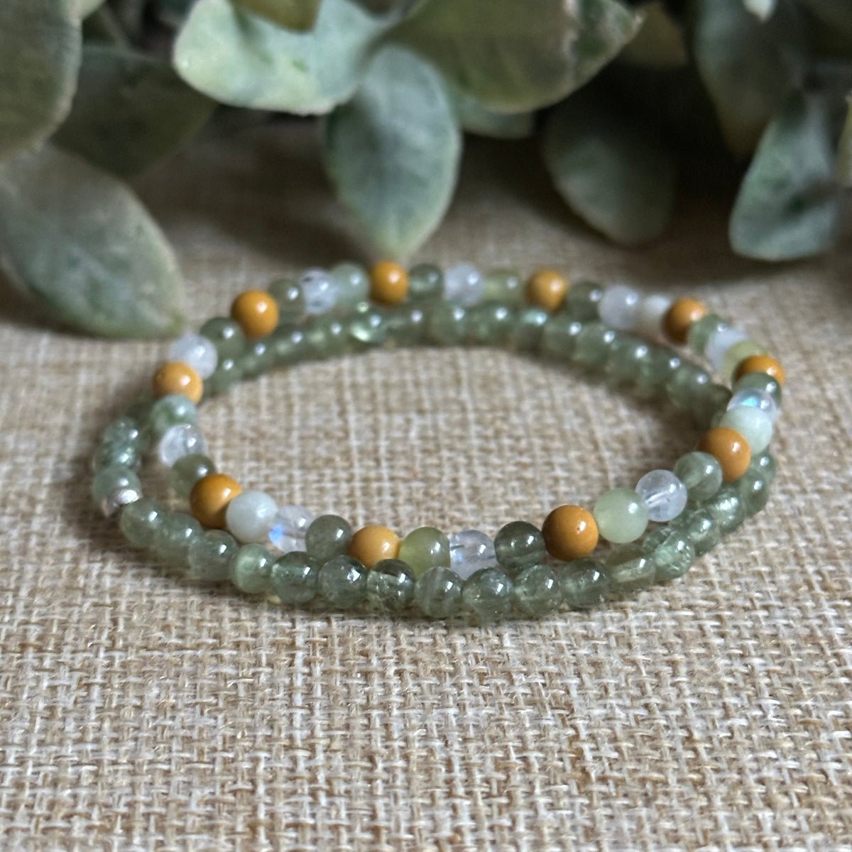 emotional balance crystal jewelry, Green Apatite and Mookaite bracelet