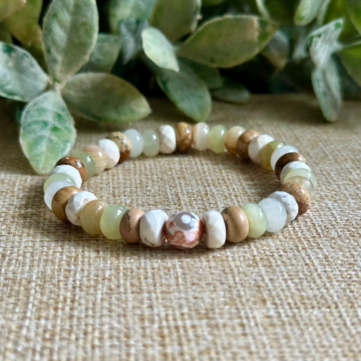 All Is Well healing crystal bracelet with White Howlite Picture Jasper New Jade and DZI Agate gemstones