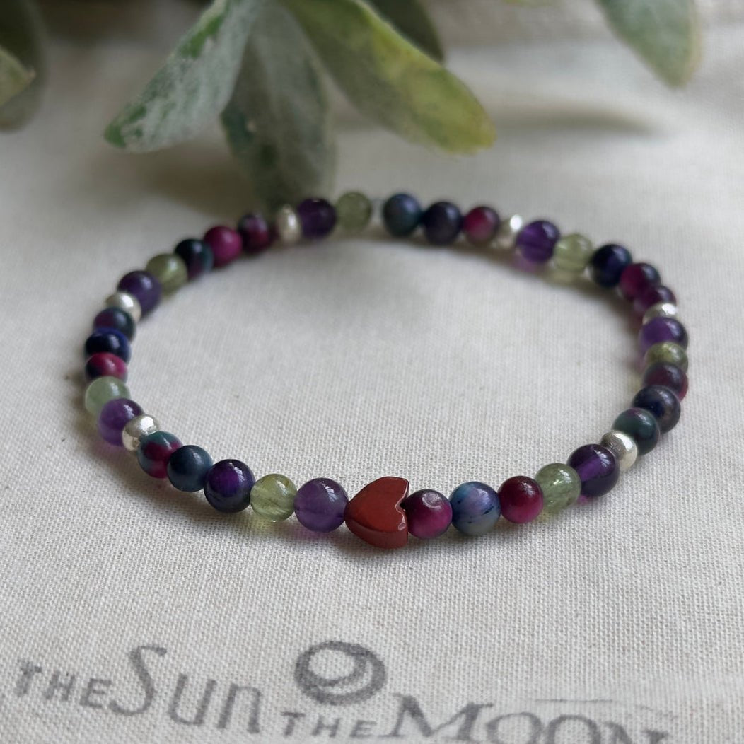 Red Jasper heart bracelet with sterling silver spacers and colorful natural gemstones for courage and confidence