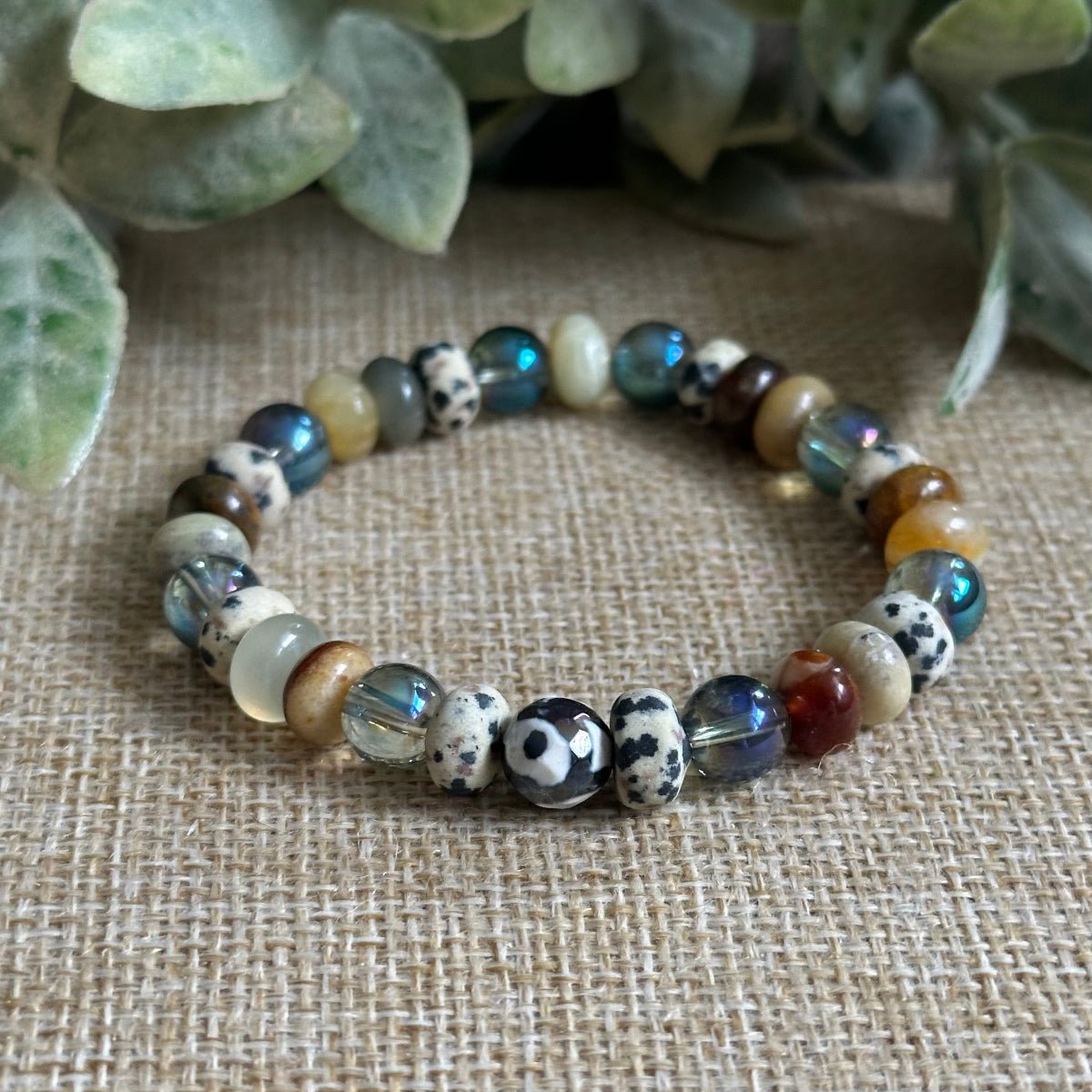 Dalmatian Jasper Jade bracelet with Aura Quartz and evil eye bead