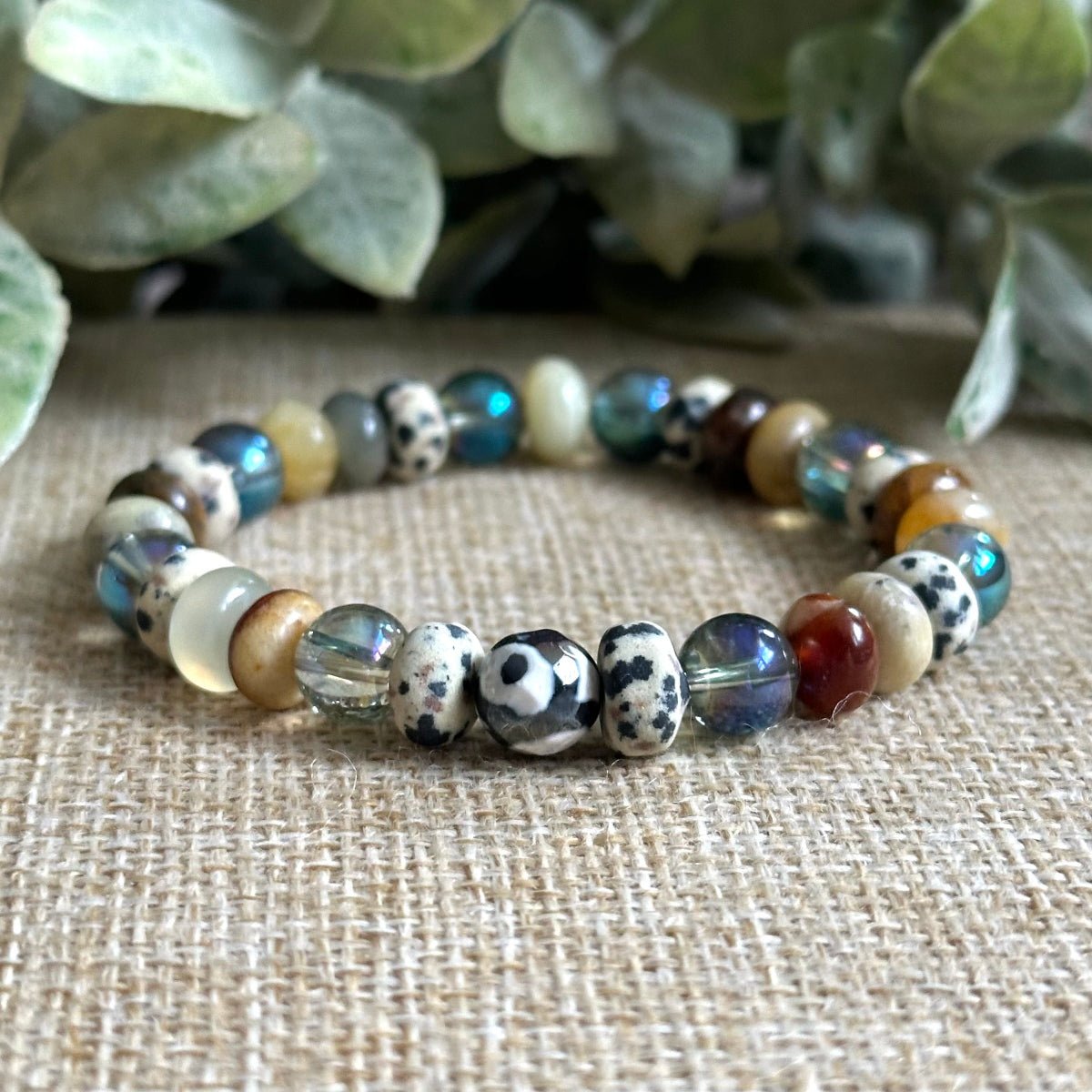Bright Spot gemstone bracelet Dalmatian Jasper Jade Aura Quartz 8mm