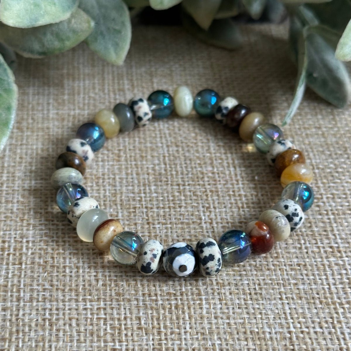 Good luck gemstone bracelet with Dalmatian Jasper and Jade
Positive energy crystal bracelet with Aura Quartz 8mm beads
Protection bracelet with optional DZI Evil Eye Agate