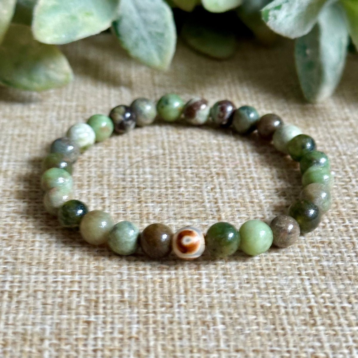 Green chrysoprase crystal bracelet with optional DZI evil eye agate bead