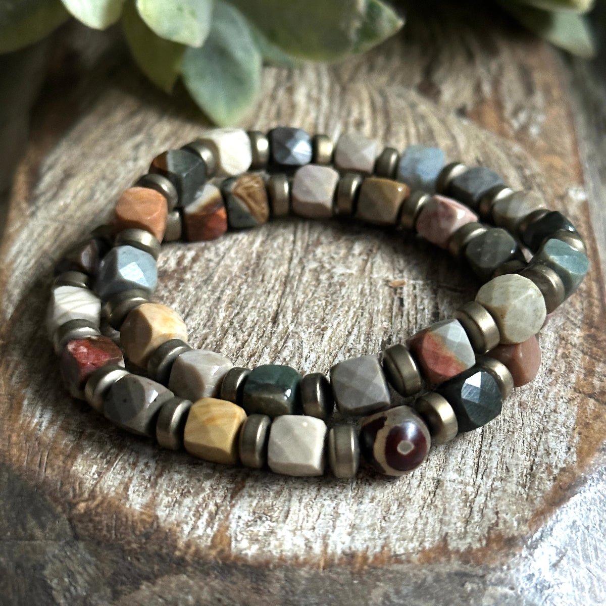 Handcrafted Polychrome Jsper and Matte Gold Hematite bracelet for grounding and courage.