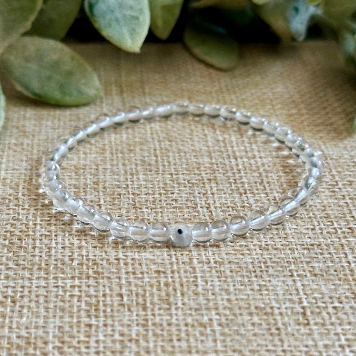 Crystal Quartz  Bracelet with Evil Eye. 4mm Crystals