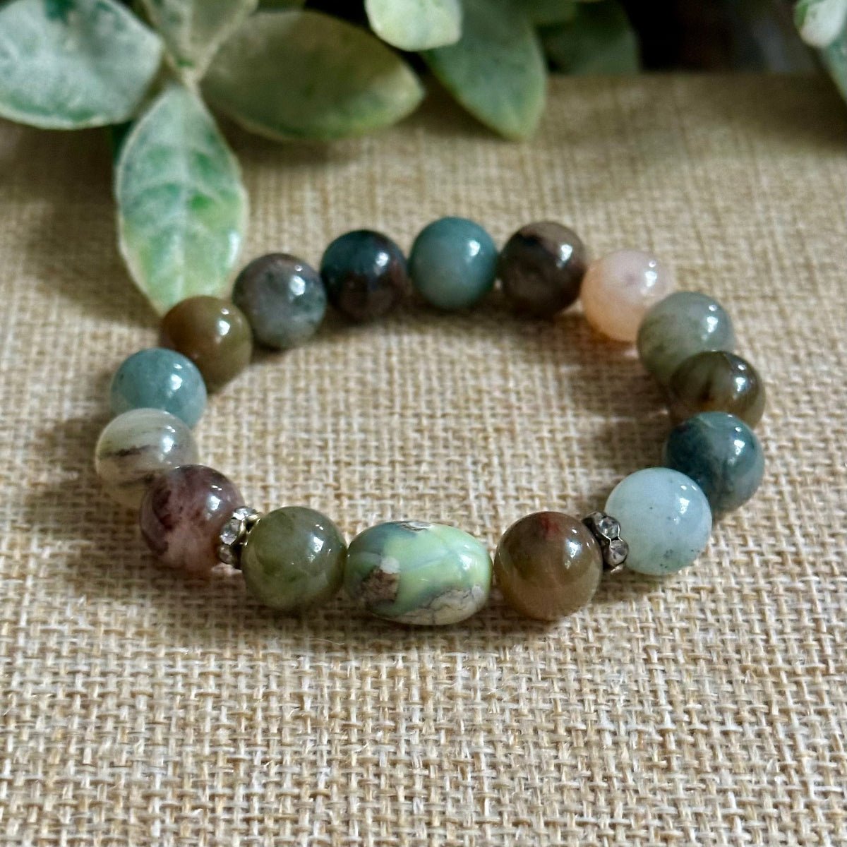 Emerging Phantom Quartz and Dragon Skin Agate gemstone bracelet with optional Swarovski crystals 10mm natural stone bracelet