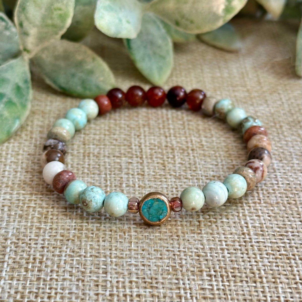 Turquoise and Aqua Terra Jasper bracelet with Dragon Skin Agate and topaz glass accents