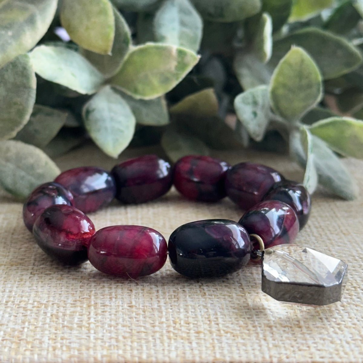 Chunky red purple agate bracelet with crystal charm