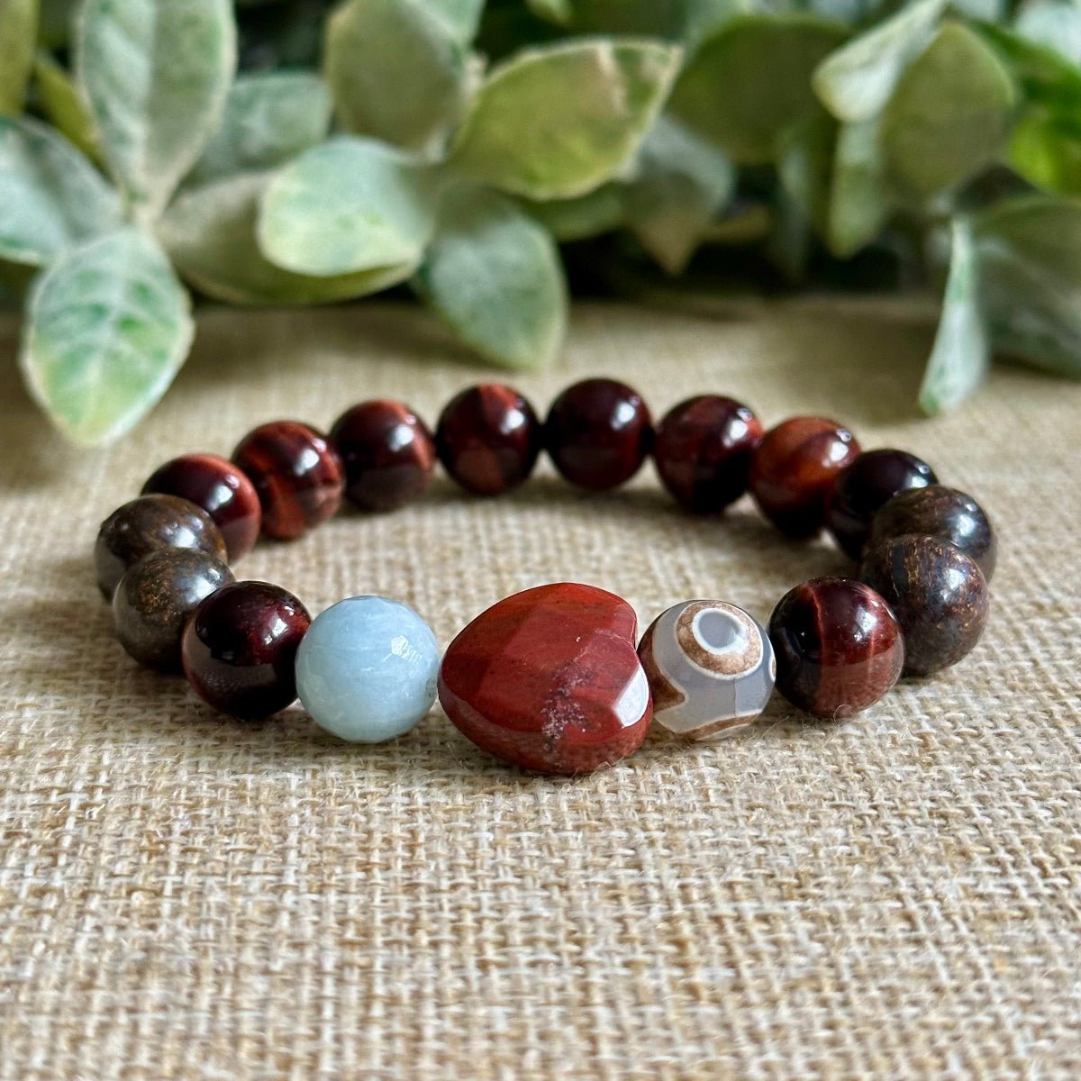Red Tiger Eye, Aquamarine, Bronzite, Evil Eye, Red Jasper Heart Bracelet