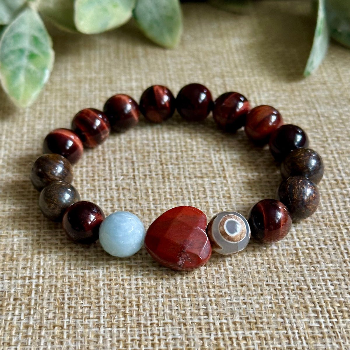 Red Tiger Eye, Aquamarine, Bronzite, Evil Eye, Red Jasper Heart Bracelet