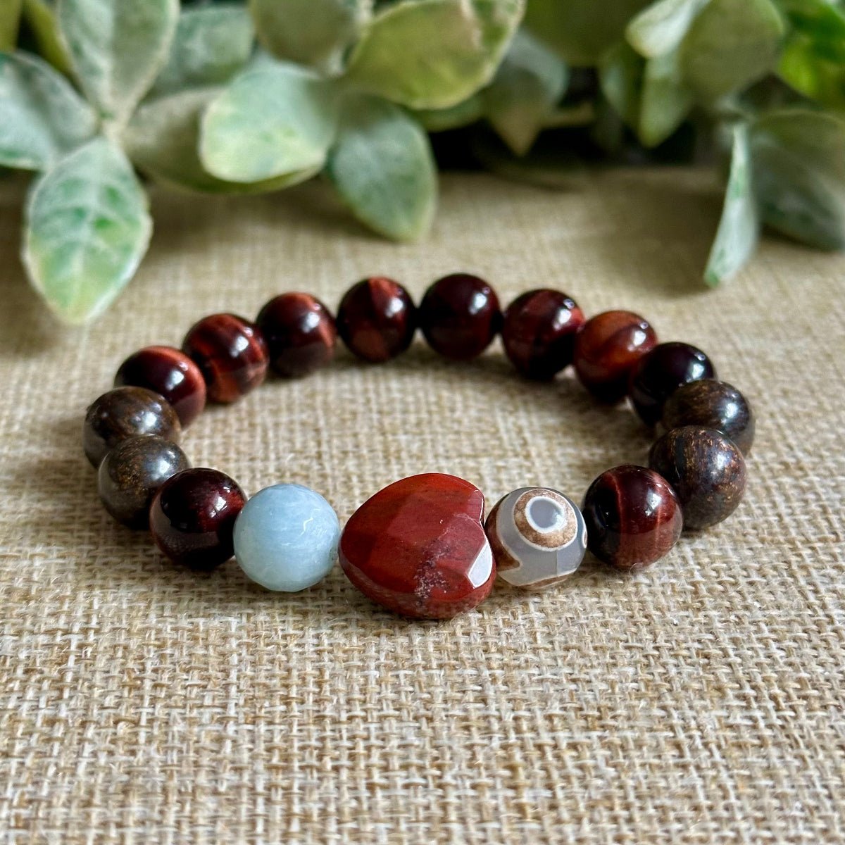 Red Tiger Eye, Aquamarine, Bronzite, Evil Eye, Red Jasper Heart Bracelet