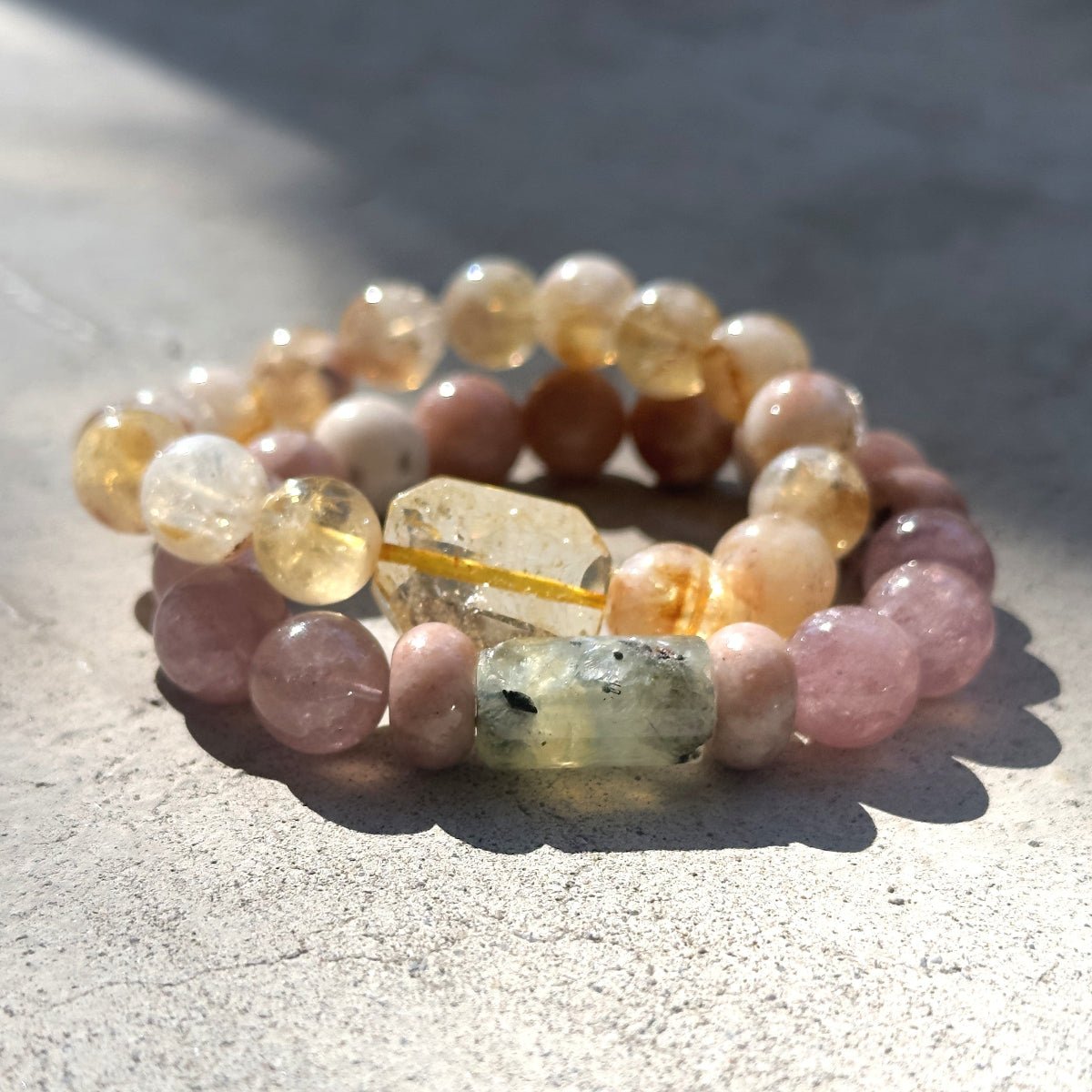 CHunky gemstone stacker bracelets.Citrine, Strawberry Quartz