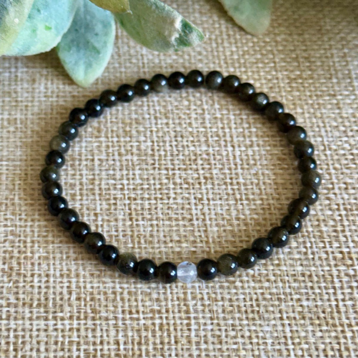 Moonstone and Silver Obsidian Stacking gemstone crystal  bracelet for Men and Women