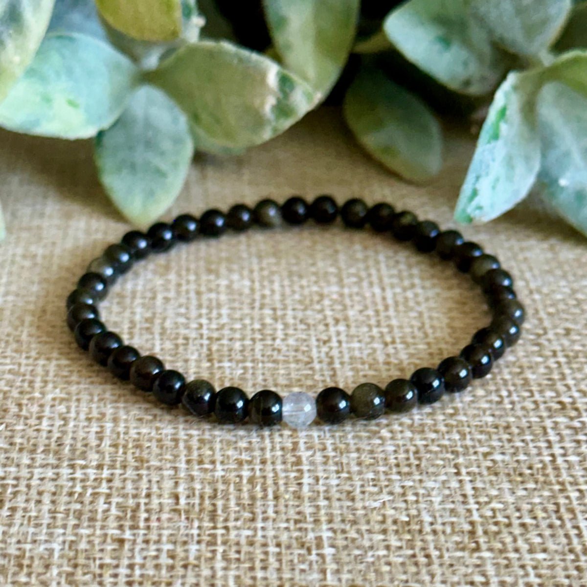 Obsidian and Moonstone 4mm Tiny stacking bracelet