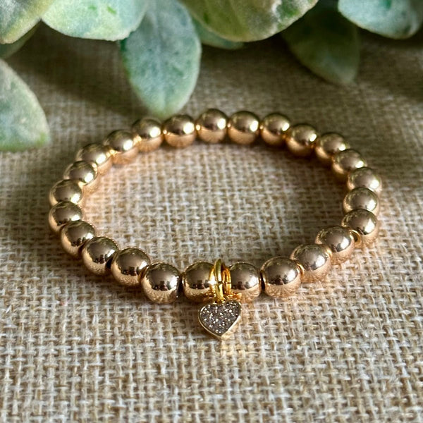 Gold Hematite Childrens Bracelet, gold heart pave