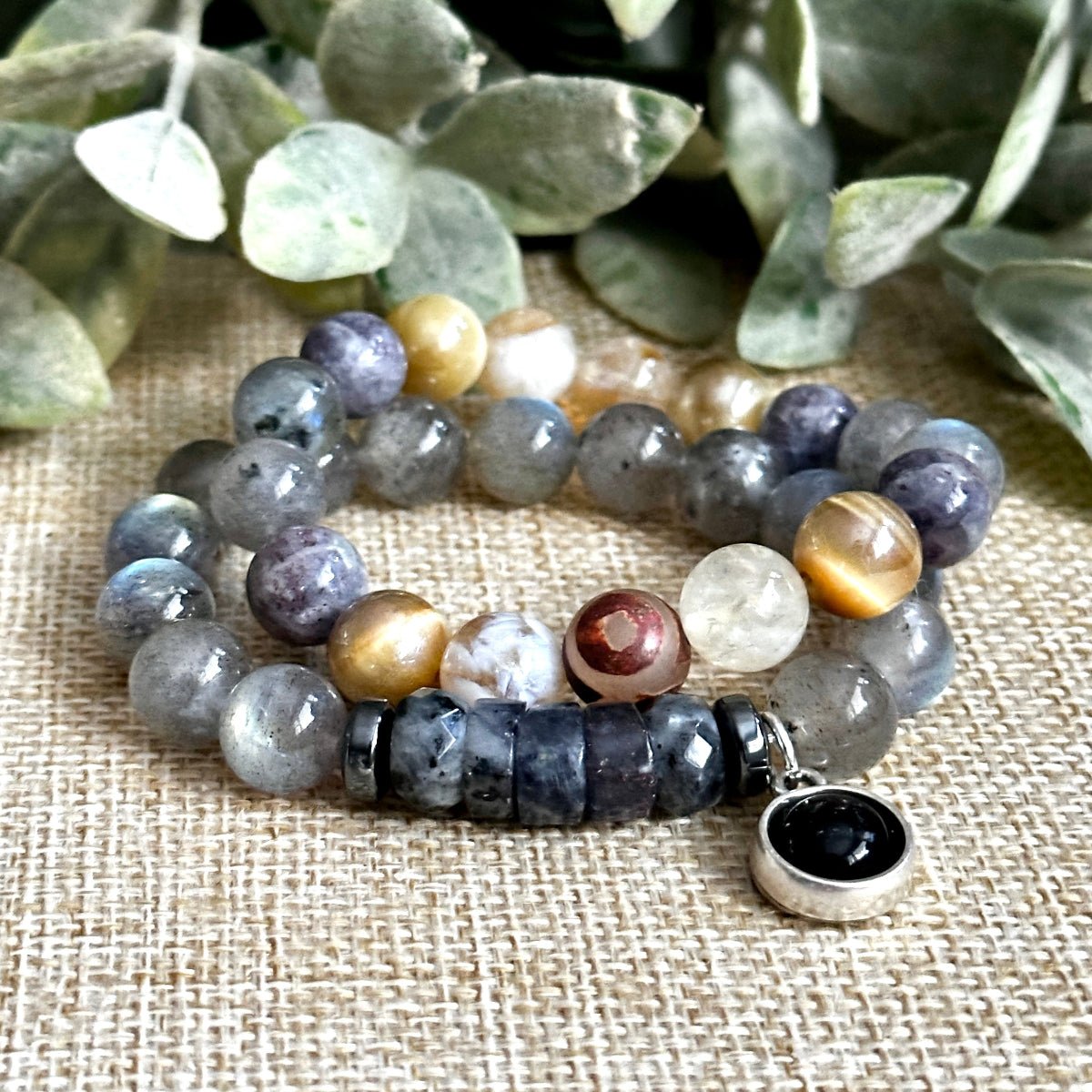 Chunky Labradorite Bracelet with Optional Black Onyx Amulet