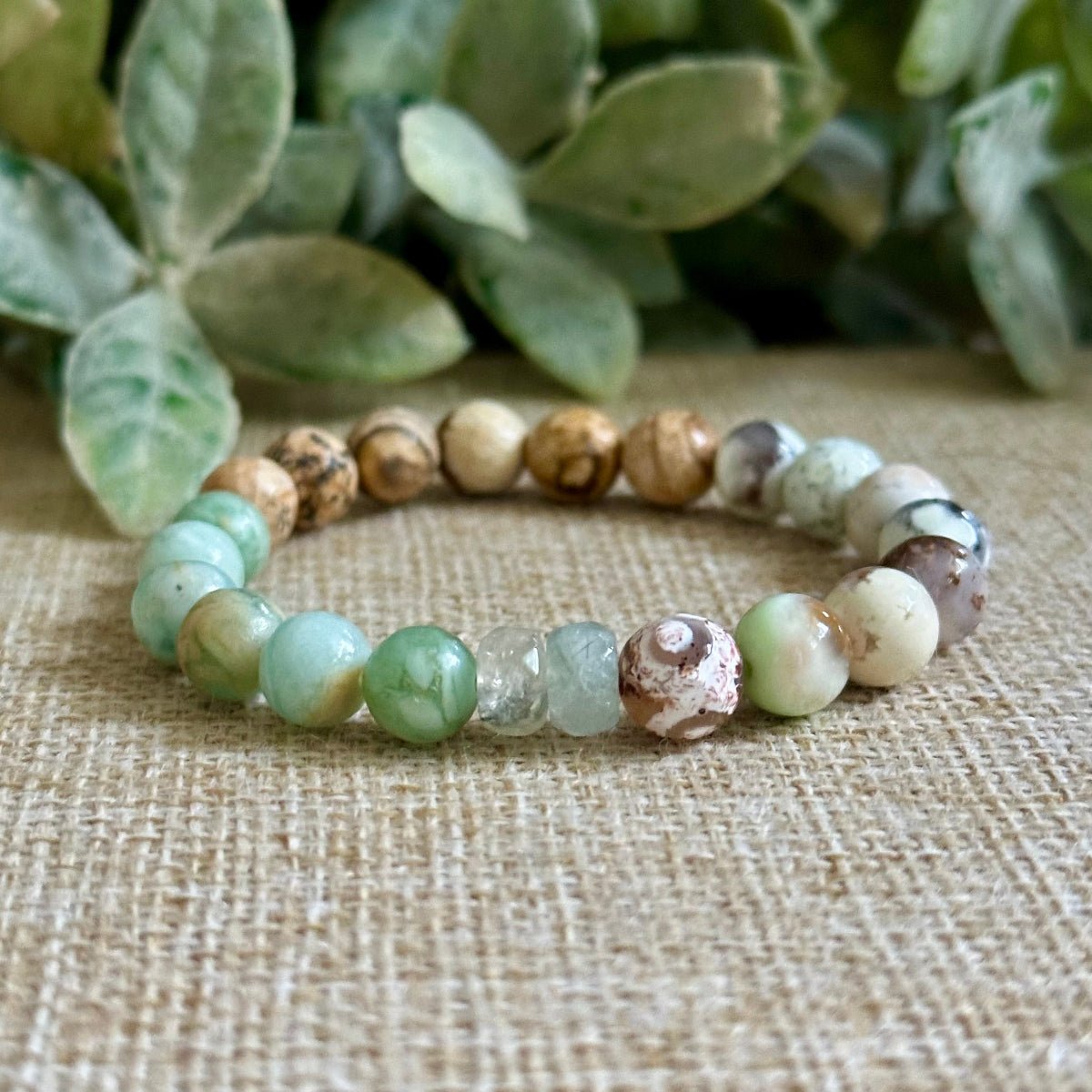 Good Things Ahead healing crystal bracelet with Picture Jasper Green Angelite Lemon Chrysoprase and Prehnite gemstones
