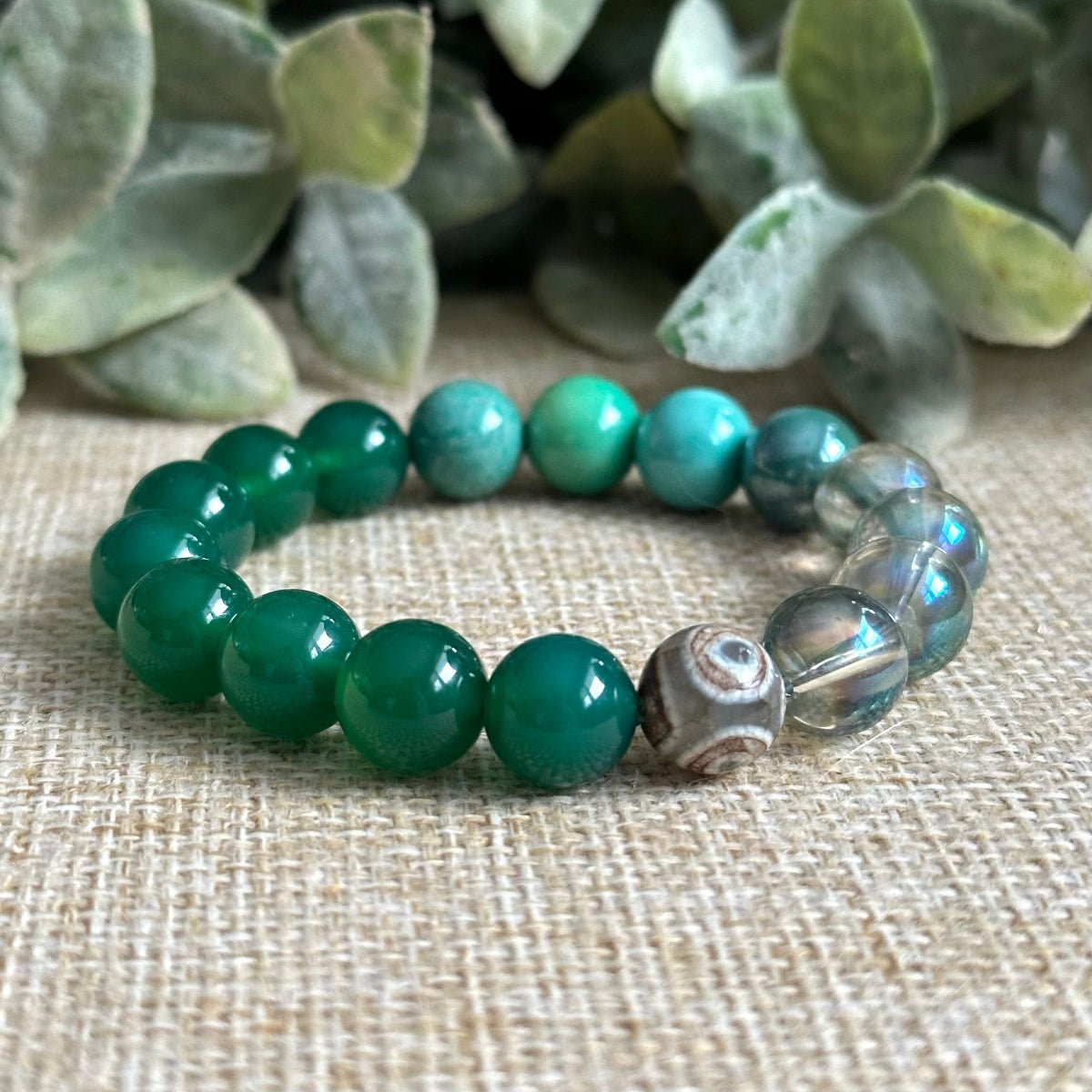 good fortune success bracelet green gemstones with optional DZI evil eye agate