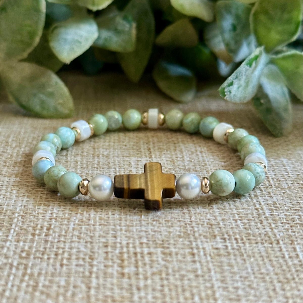 Christian Cross Bracelet with Pearl and Mother of Pearl Gemstones