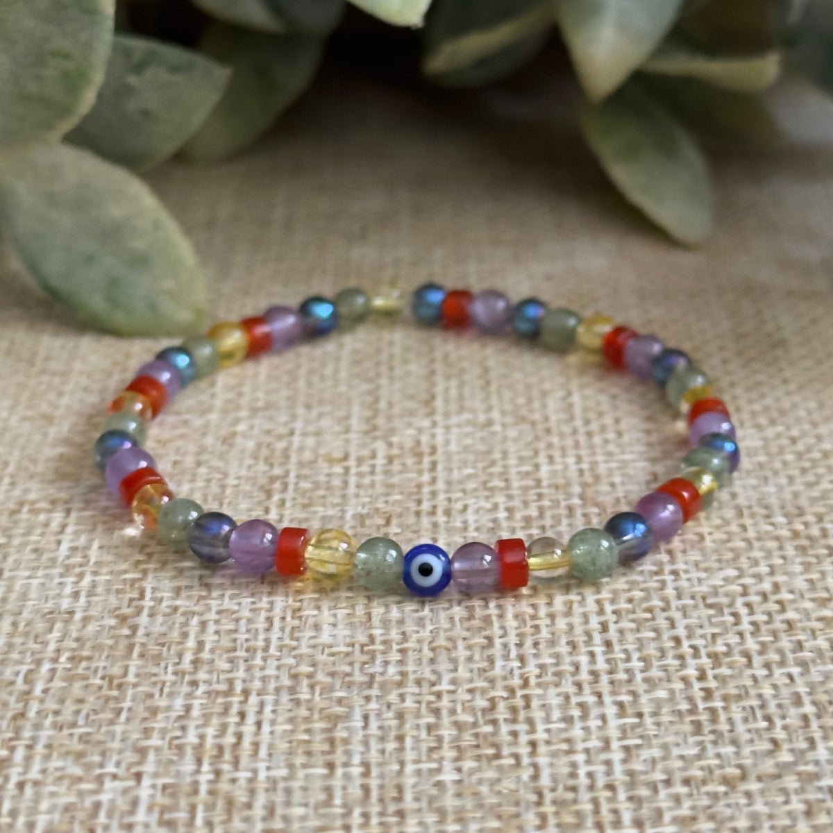 Colorful Gemstone Crystals Bracelet with Evil Eye