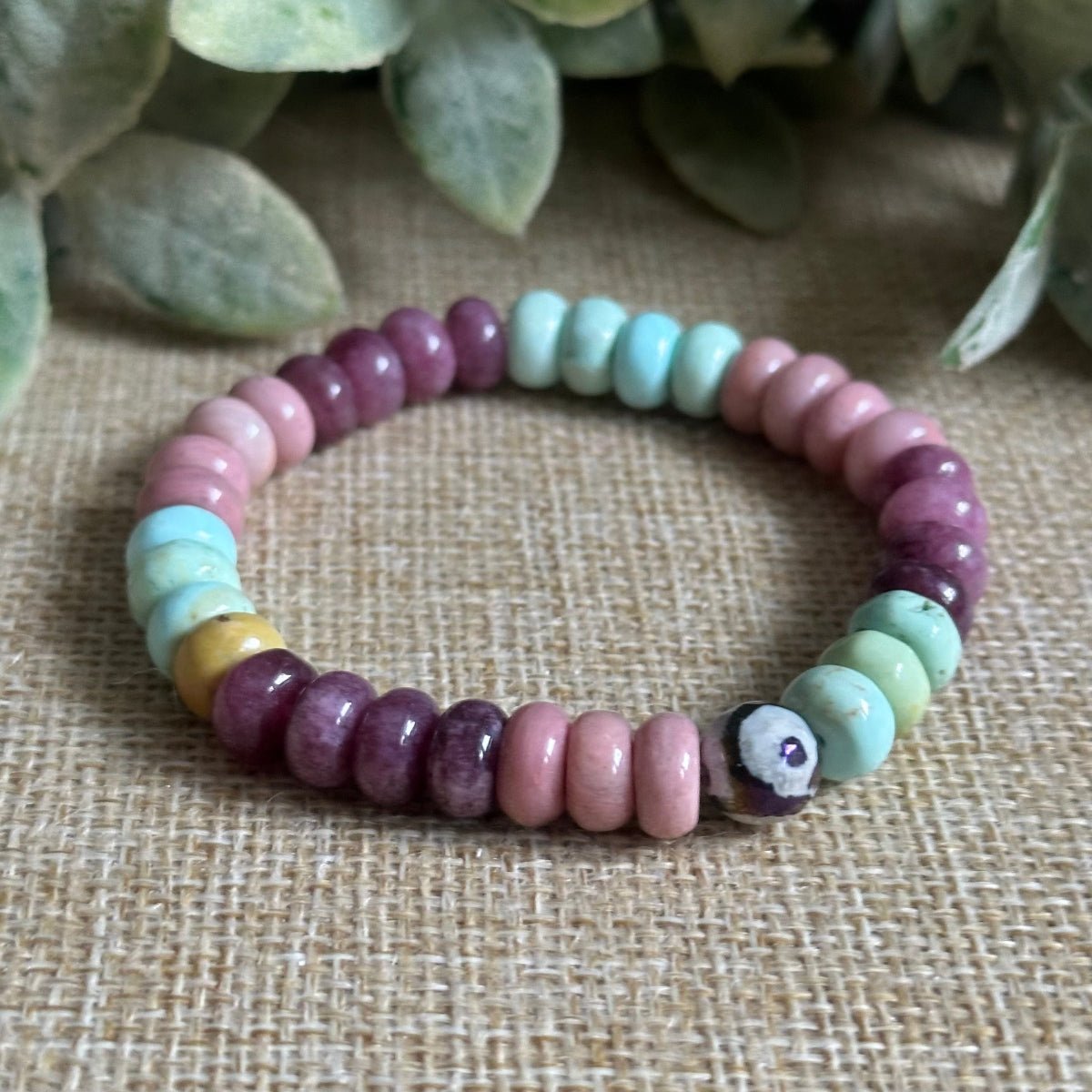 rhodonite lepidolite turquoise bracelet for mood boost and feel good energy
handmade gemstone bracelet gift for her bright colorful crystal jewelry