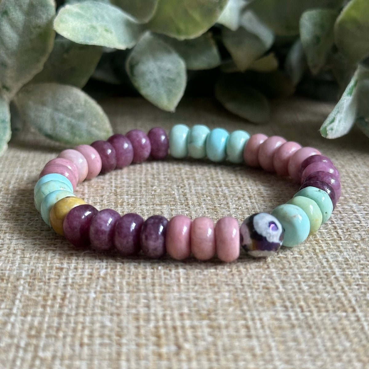 Happy Days gemstone bracelet with rhodonite lepidolite turquoise 8mm beads