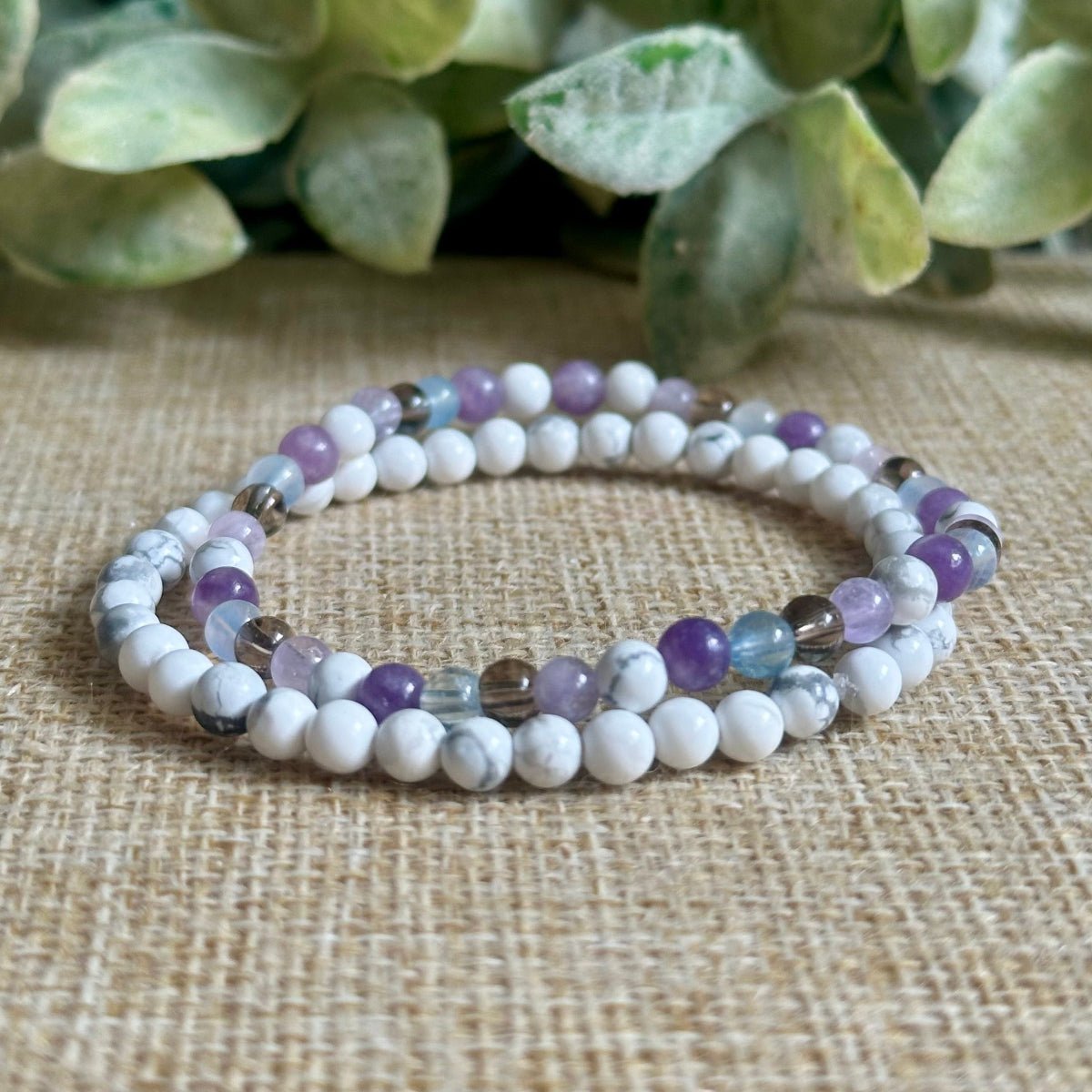 white howlite bracelet stackable 4mm beads
anxiety relief bracelet howlite stone close up