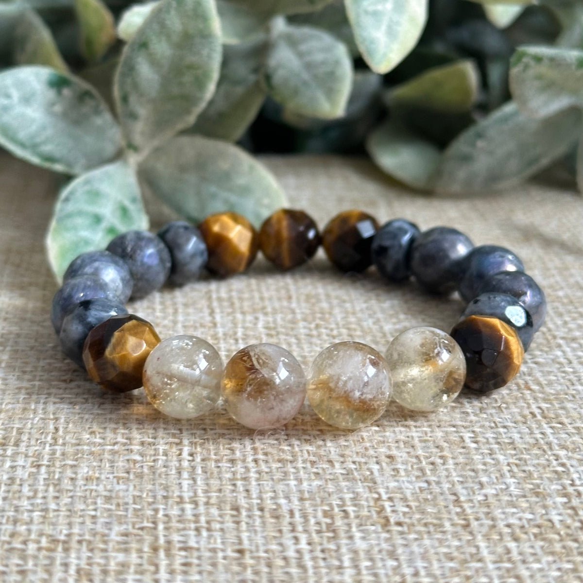 Initiative crystal bracelet with citrine tiger’s eye larvikite for confidence and action