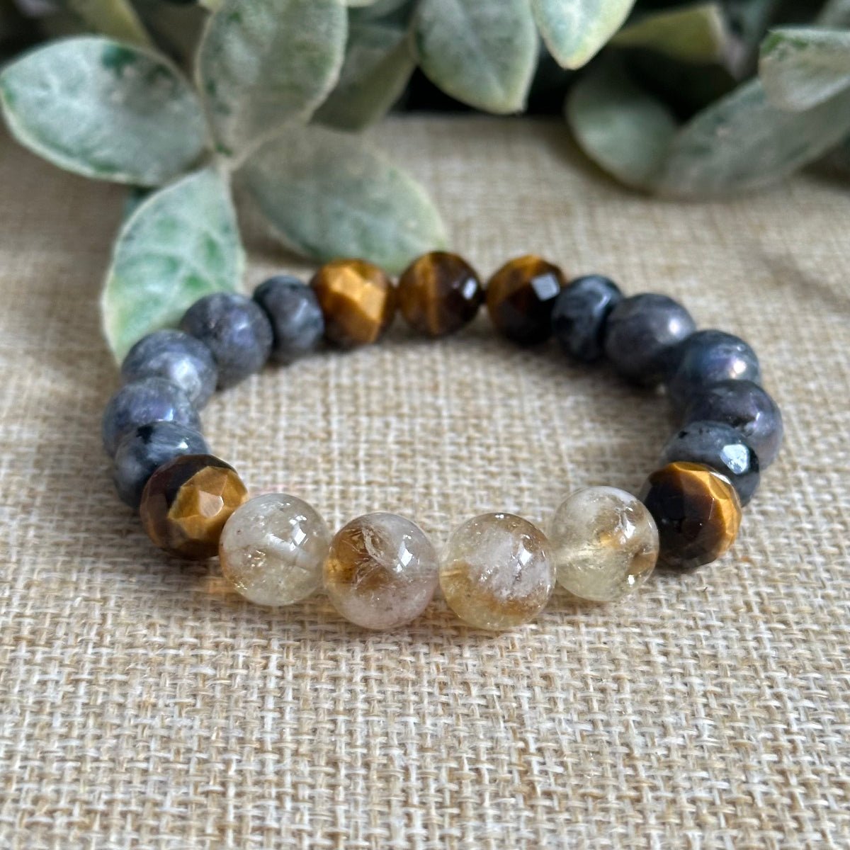 Motivation bracelet made with citrine tiger’s eye larvikite stones