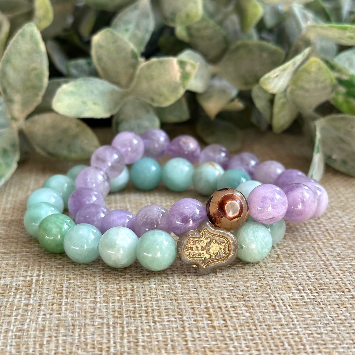 Jadeite and Lavender Amethyst Bracelet Set. 10mm crystals