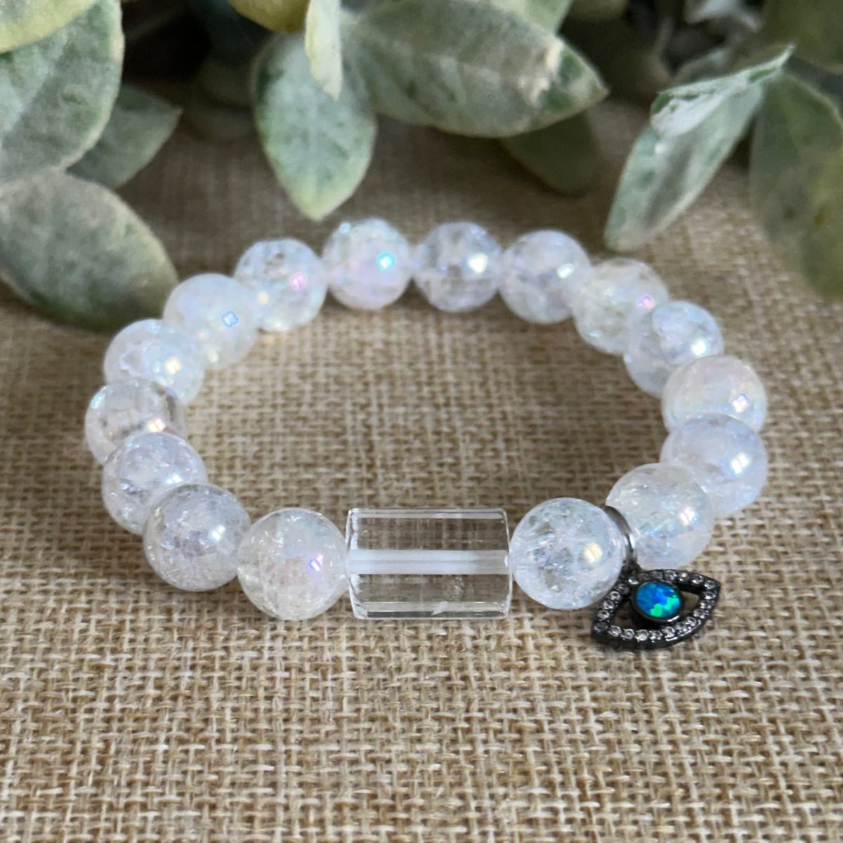 Clear quartz and cracked aura quartz bracelet with evil eye charm, Crystals New Year, Resolution