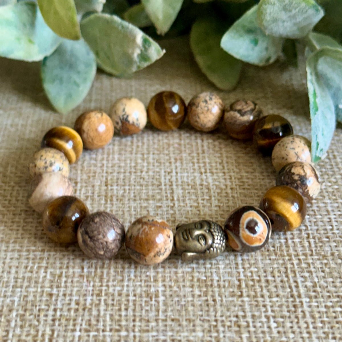Tiger Eye Unisex Bracelet with Buddha. Handmade Gemtsones