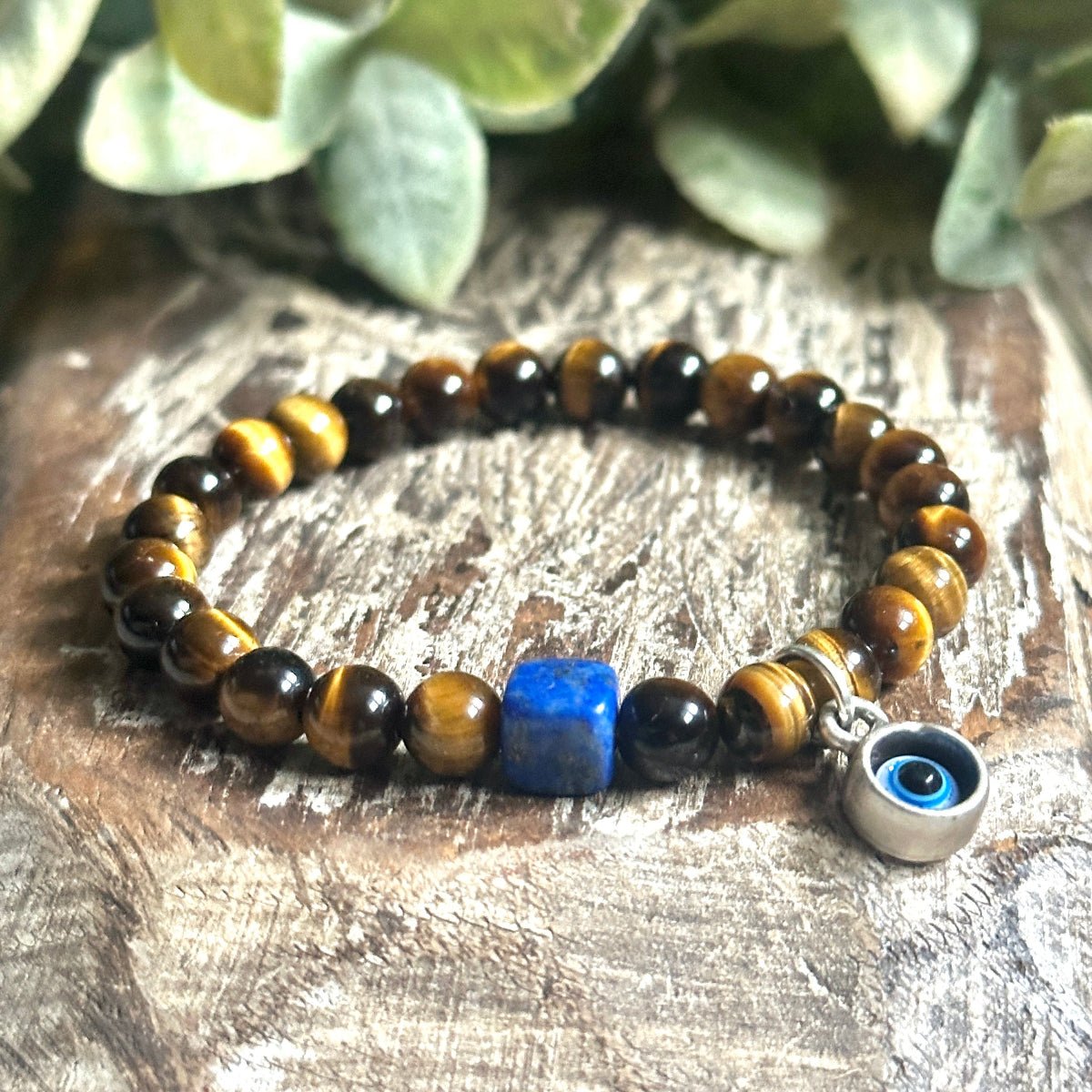 Lapis and Tigers Eye Bracelet with Blue Silver Evil Eye Charm