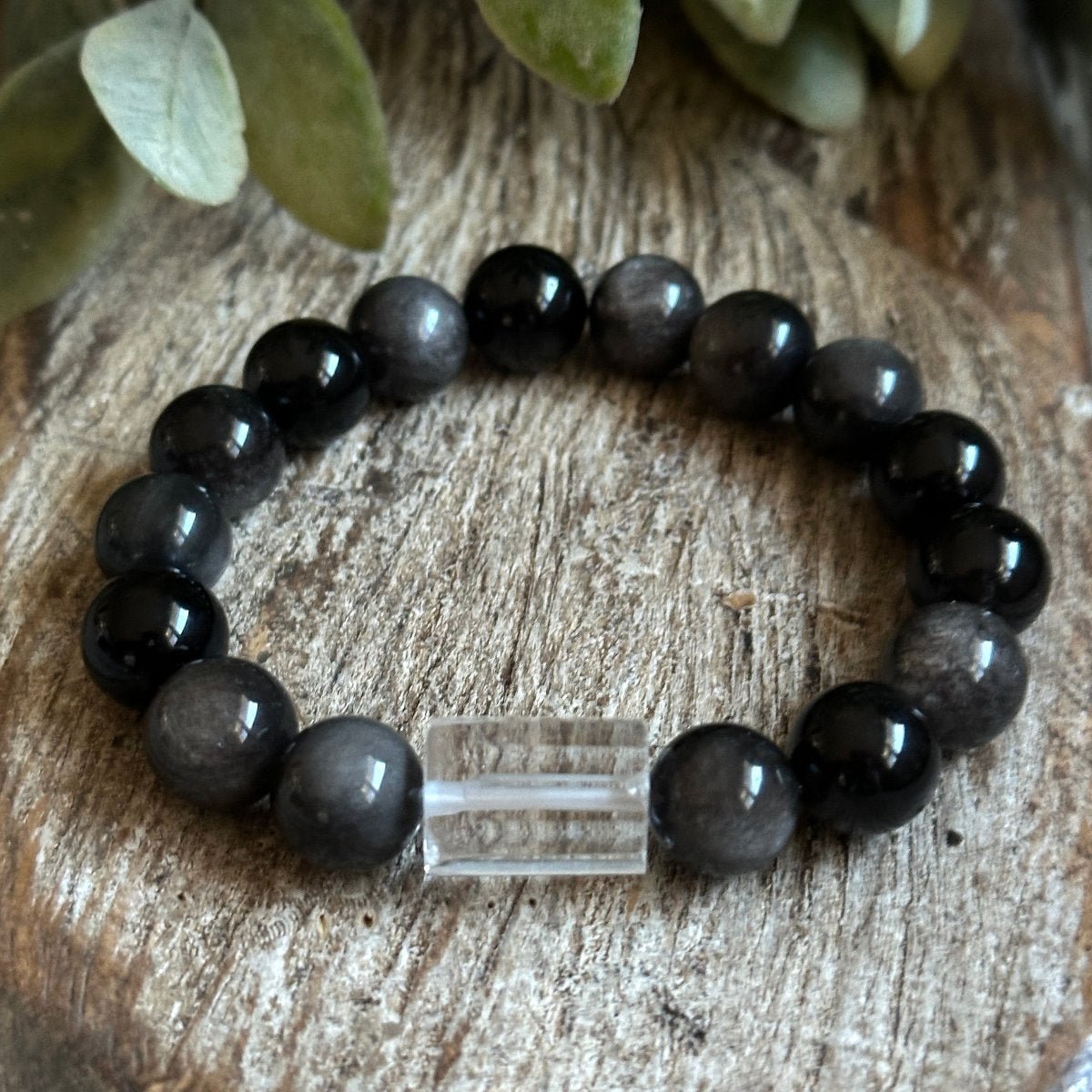 Light and Shadow Obsidian and Quartz Beaded GEmstone Bracelet