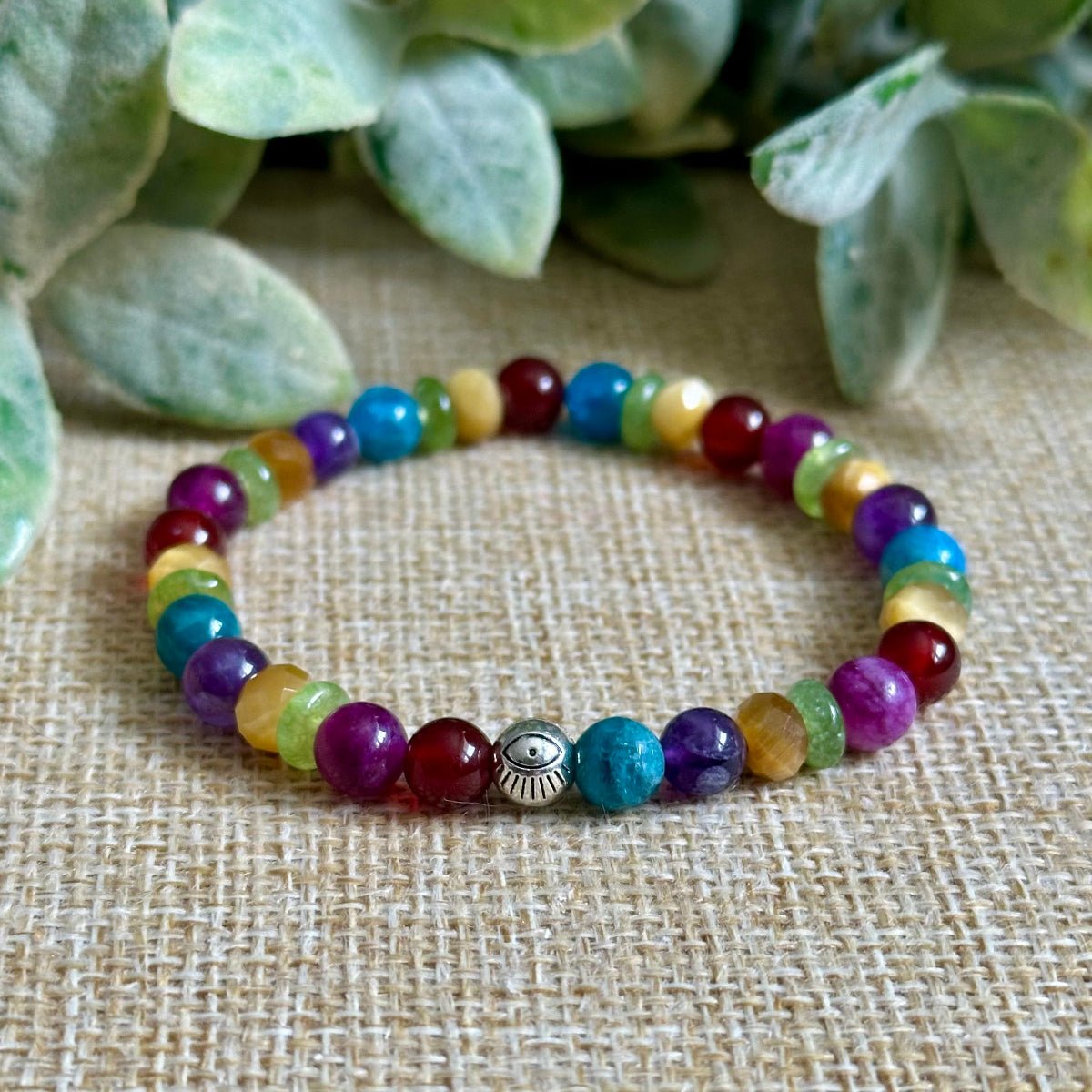 handmade colorful crystal bracelet with optional silver evil eye charm