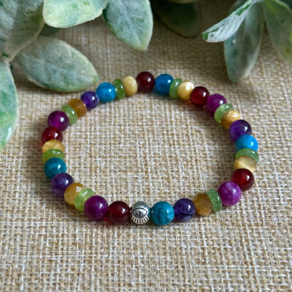 rainbow gemstone bracelet 6mm stackable crystal bracelet for energy and growth
bright multicolor gemstone bracelet with amethyst and tiger eye detail