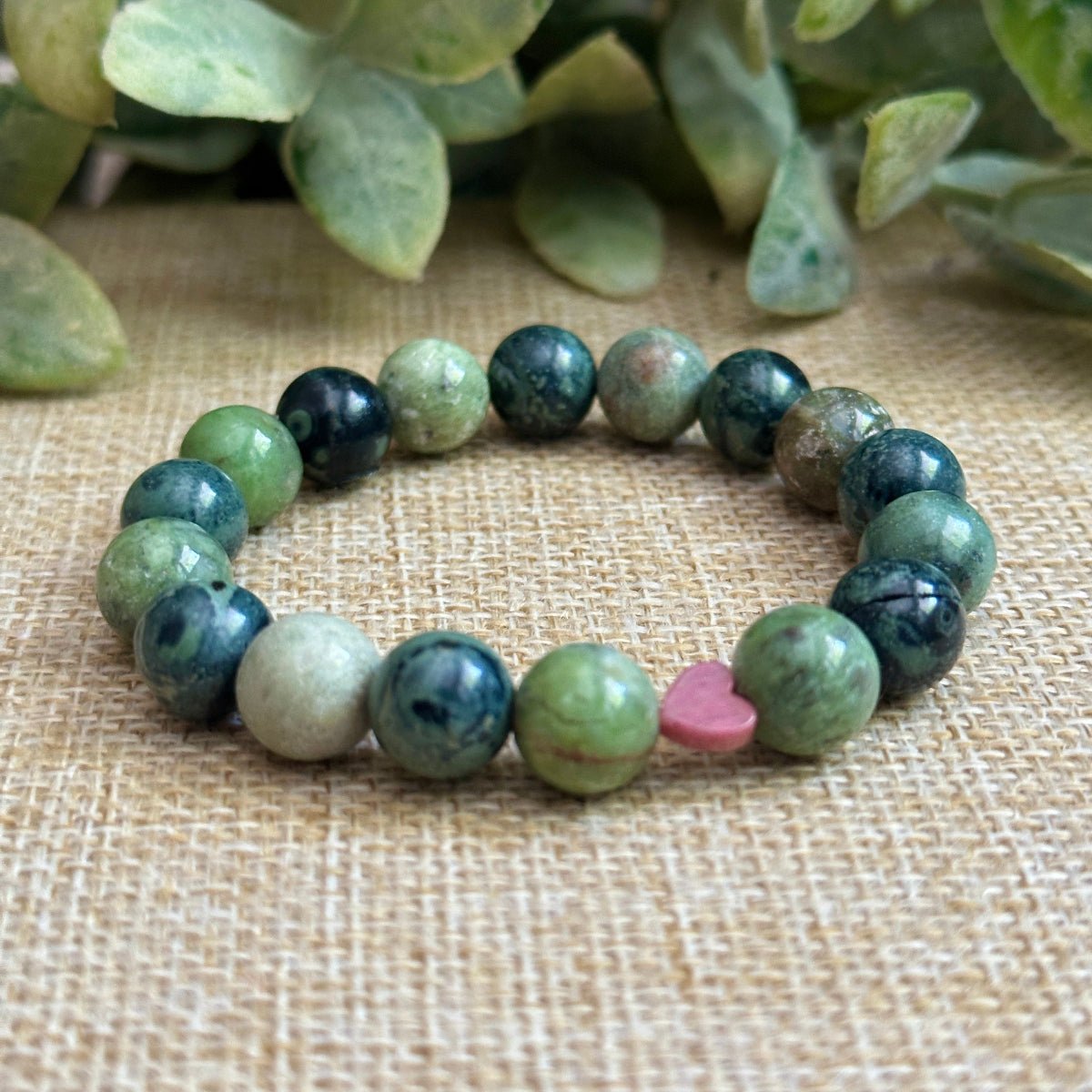 Love Grows Here bracelet with Kambaba Jasper, Chrysoprase, and Rhodonite heart