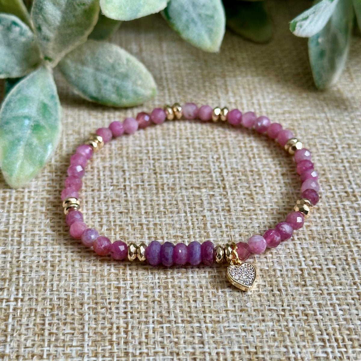 heart chakra bracelet with gold pave heart charm
ruby bracelet for love and strength