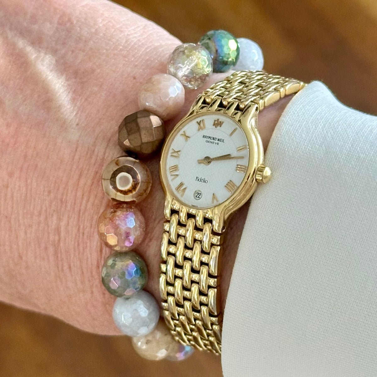 bold gemstone manifestation bracelet bronze hematite aquamarine sunstone